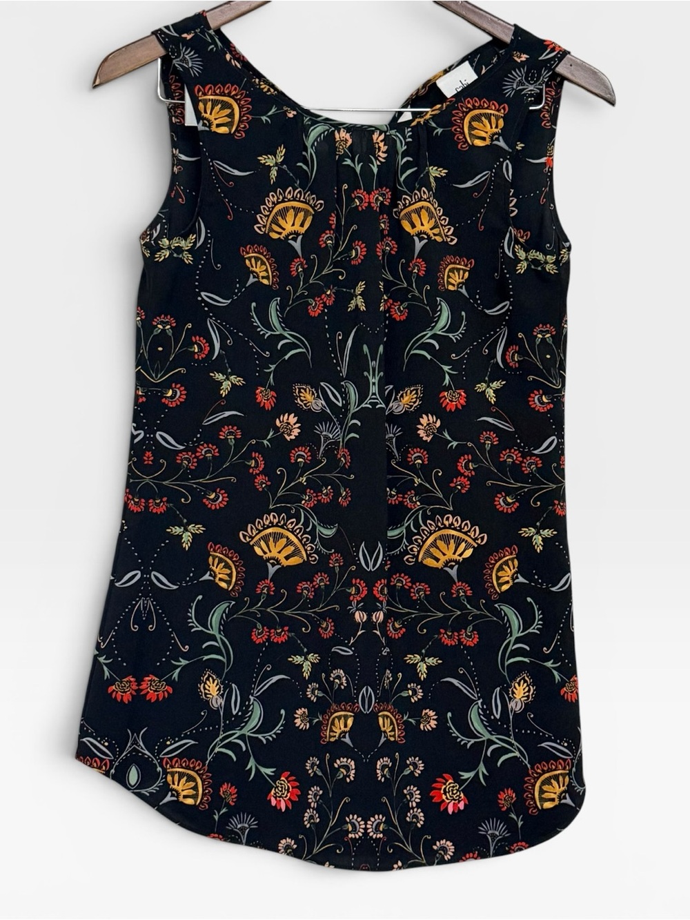 CAbi Black Floral Sleeveless Top with Yellow, Red & Green Accents